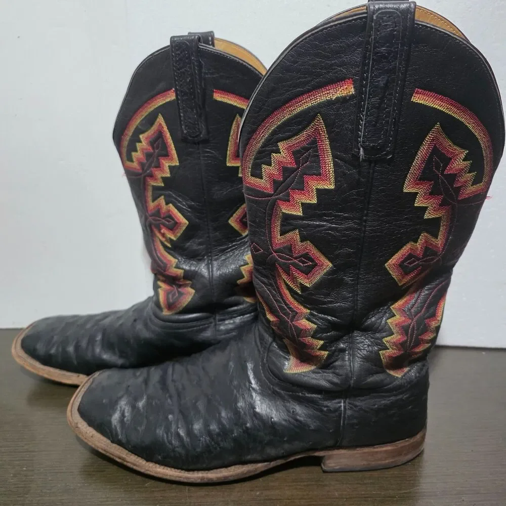 Anderson Bean Smooth Quill Ostrich Cowboy Square Toe Boots Black USA Made 14D